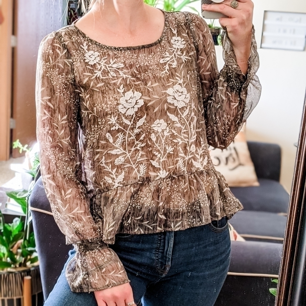 A. Calin from Lulu's Semi-Sheer Floral Peplum Blouse - Size Small